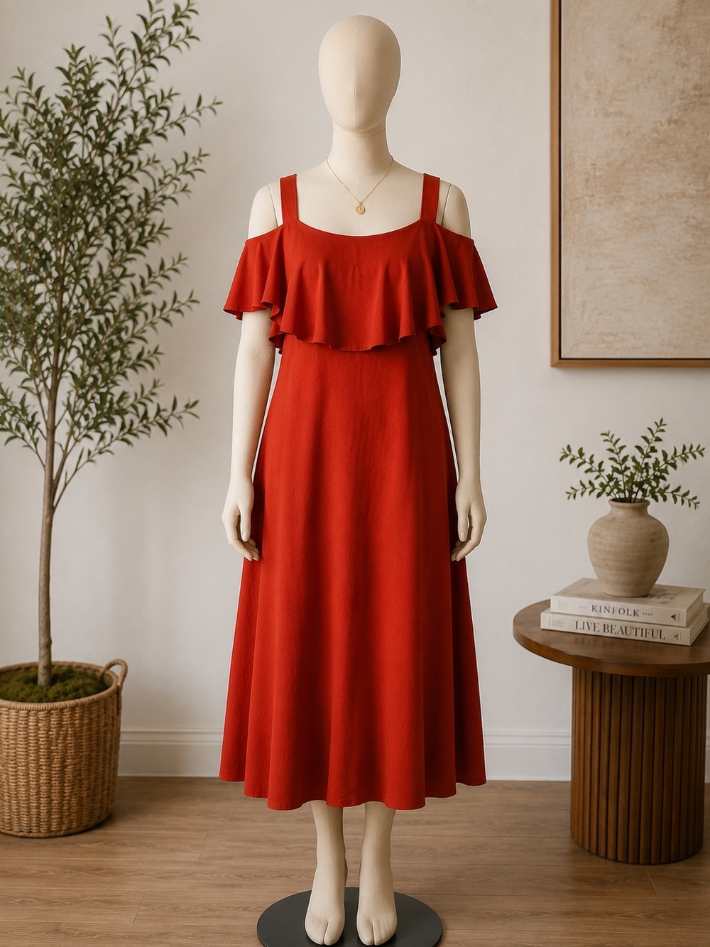 Maeve Anthropologie Orange Red Off Shoulder Ruffle Midi Dress XS